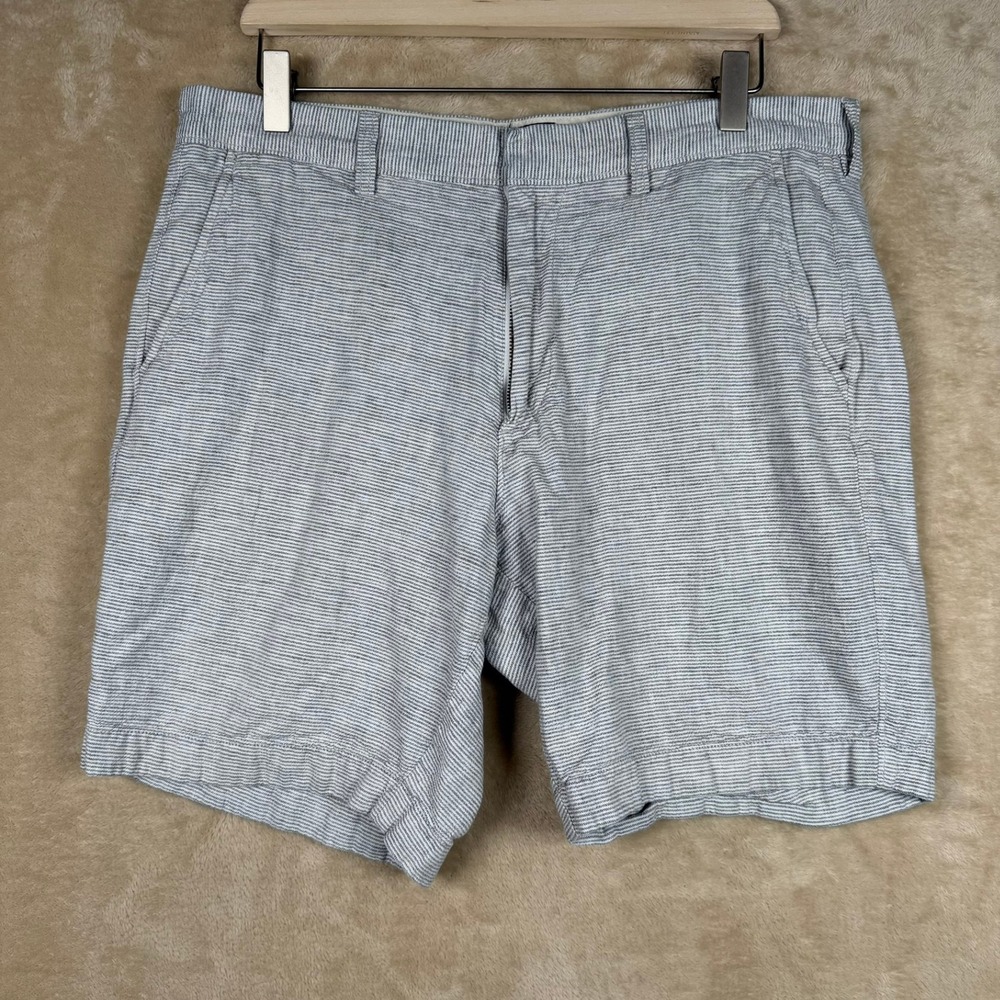 J.Crew Mens 34 Linen‎ Cotton Seersucker Stripe Shorts Blue White Preppy Beach
